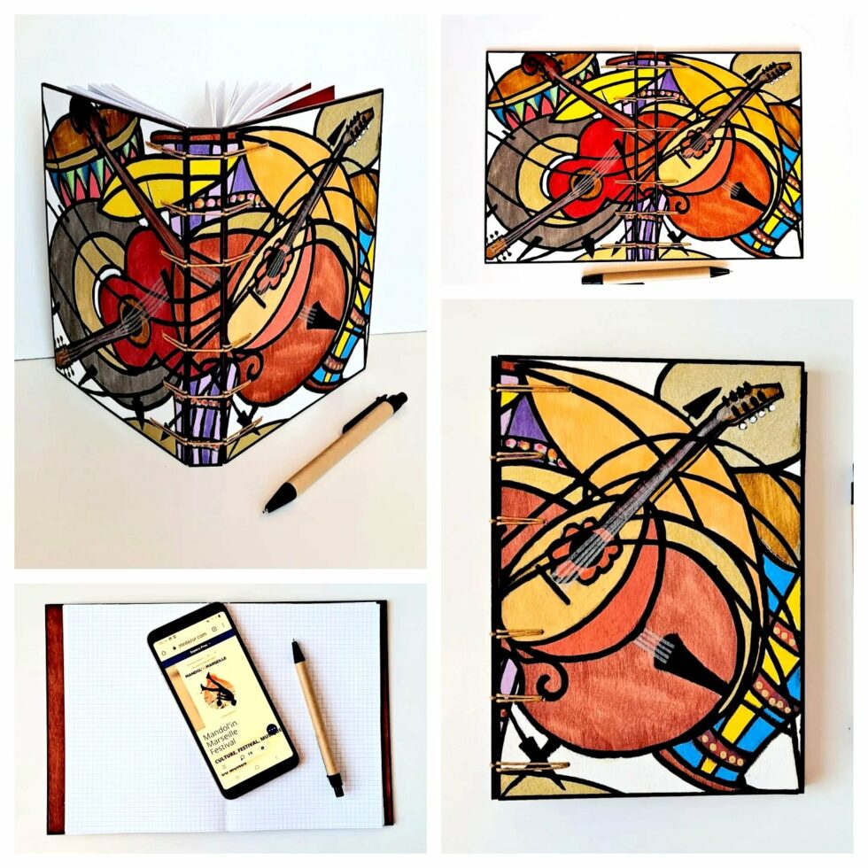 Carnet COSMA, 4 faces couverture bois peint et intérieur.