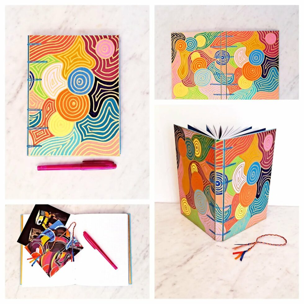 Carnet FARANDOLE, 4 vues de la couverture en bois peint et de l'intérieur du ptit carnet.