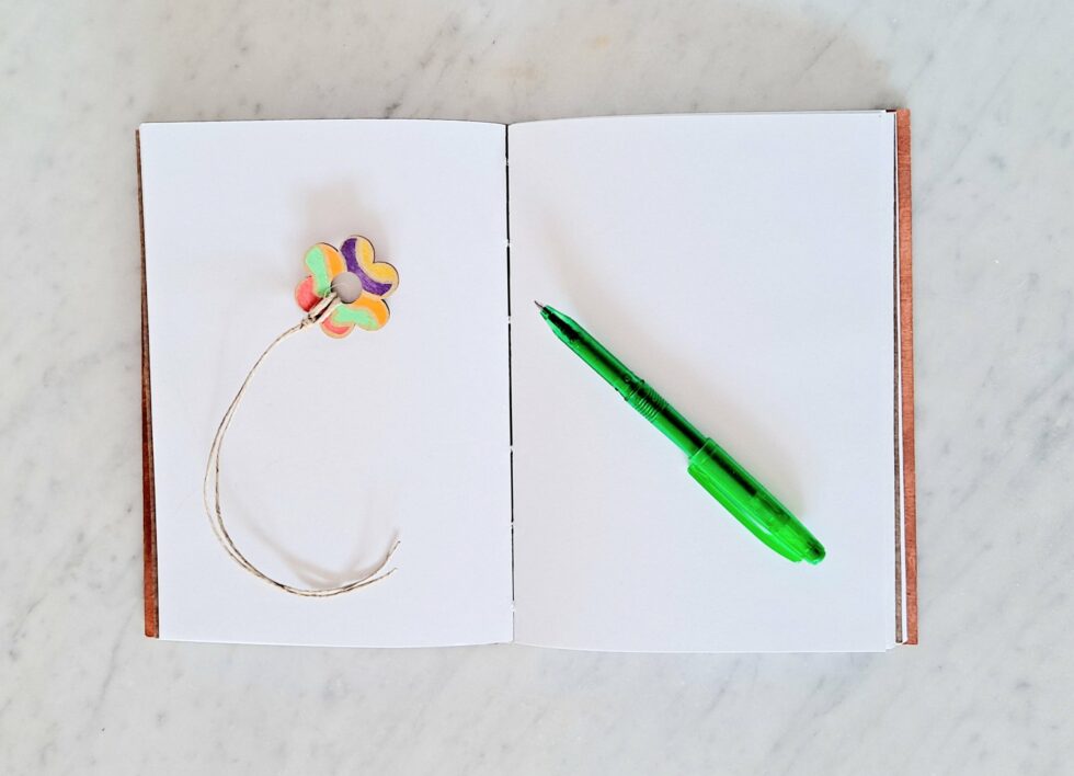 Carnet NÄSS intérieur pages avec stylo vert et marque page en bois.