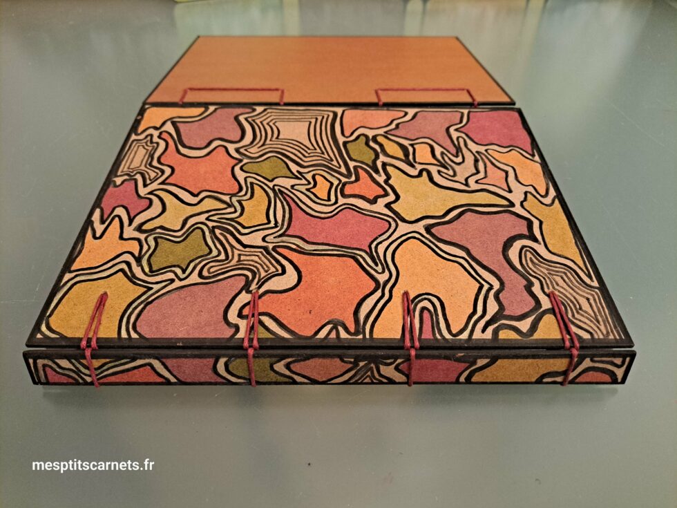 Carnet Triptyque SILICE vue semi ouvert sur dos et couverture en bois peint et stylo.